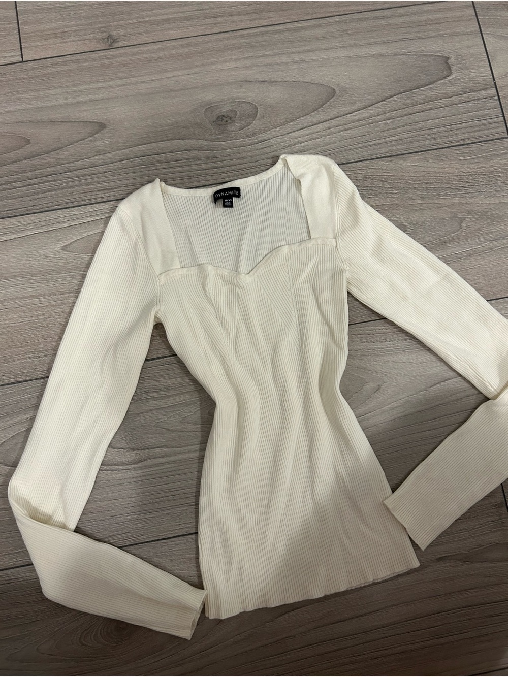 Dynamite Cream Ribbed Sweetheart Neck Long Sleeve Top